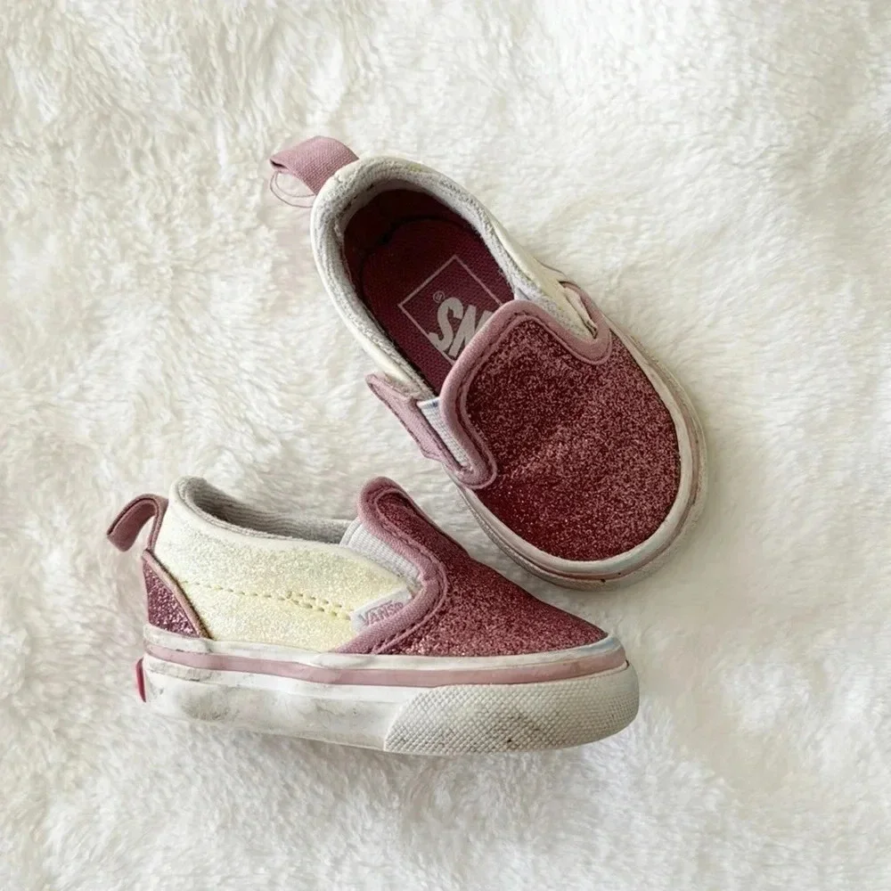 Vans pink/yellow glittery sparkle Slip-On V Sneakers baby girl size 2